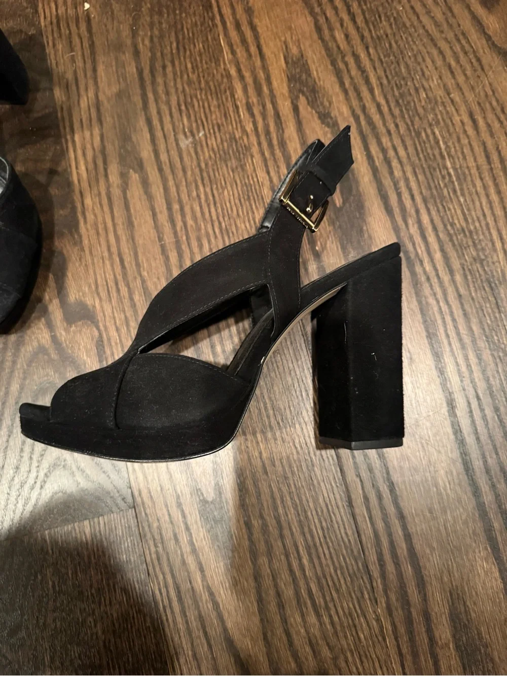 Michael Kors Black Suede Crisscross Slingback Heels with Gold Buckles